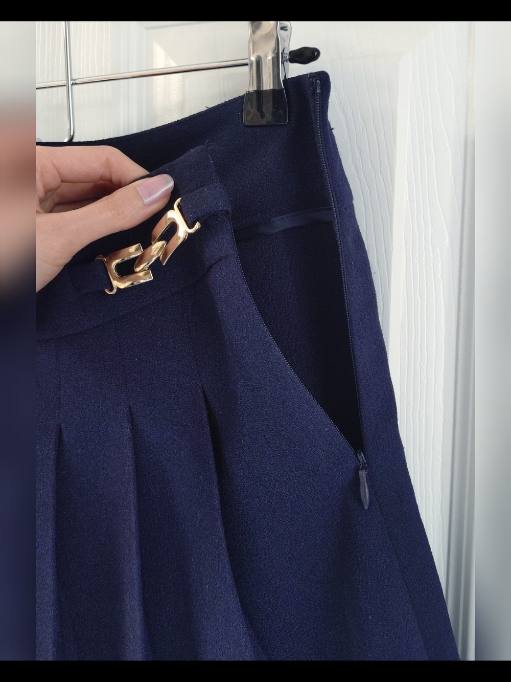 Navy Pleated Mini Skirt with Gold Buckle Accents - Picture 5 of 7